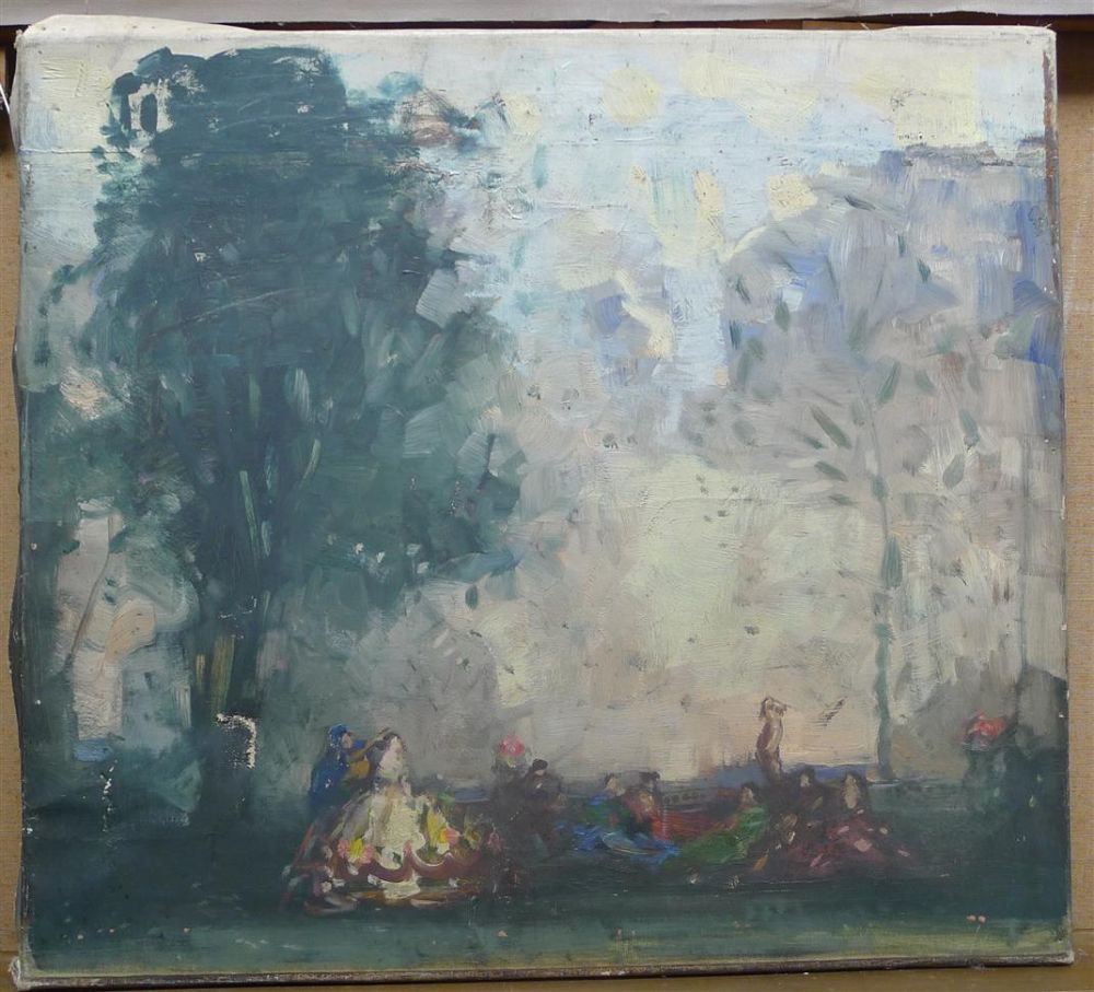 William George Robb (1872-1940), oil on canvas, Figures in parkland, 45 x 50cm, unframed